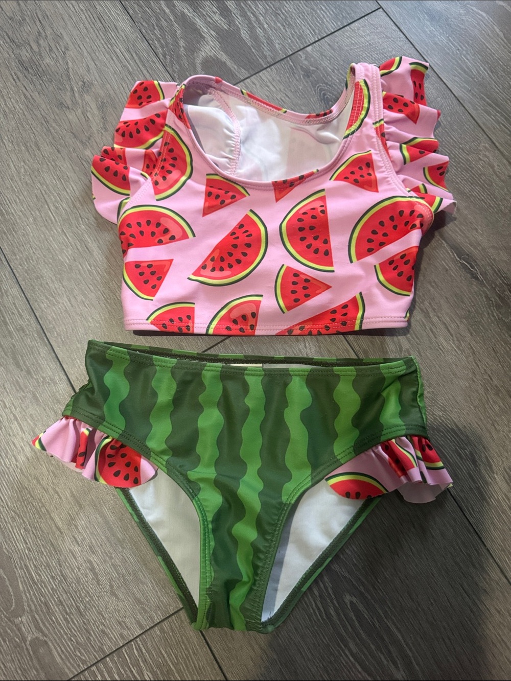 SHEIN Pink & Green Watermelon Print Girls Two-Piece Swim Set